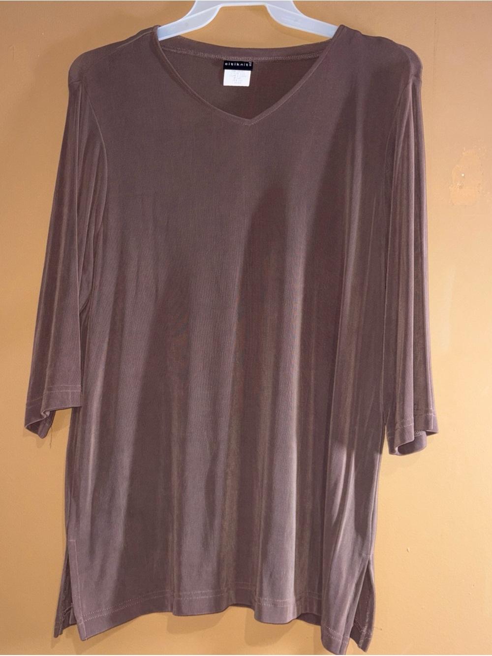 HC837 Citiknit Top Women's Large Brown Slinky Knit Tunic 3/4 Sleeve